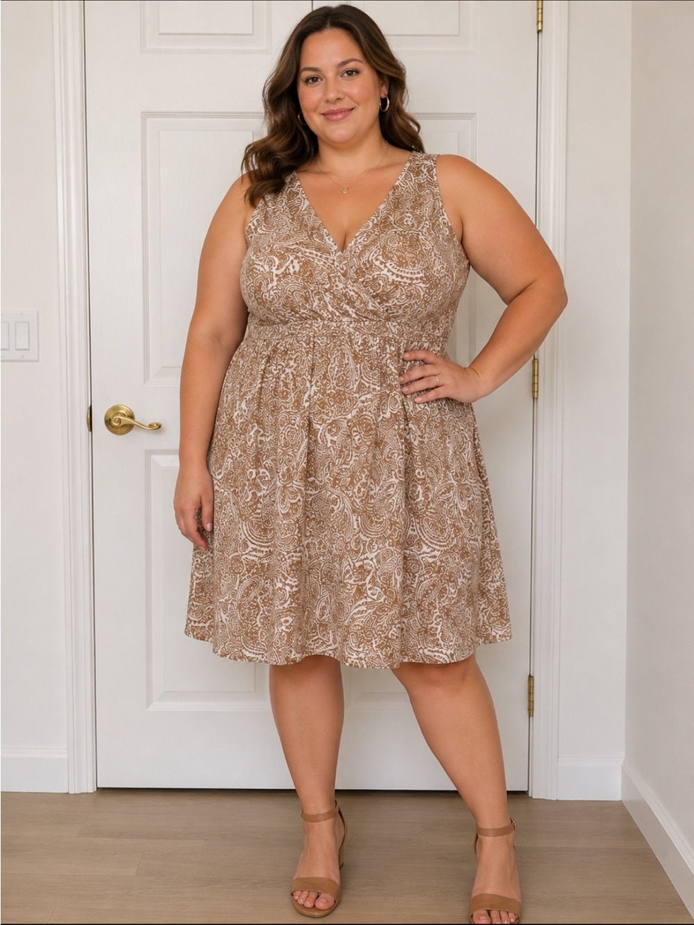 Lands' End Beige and White Paisley Midi Dress